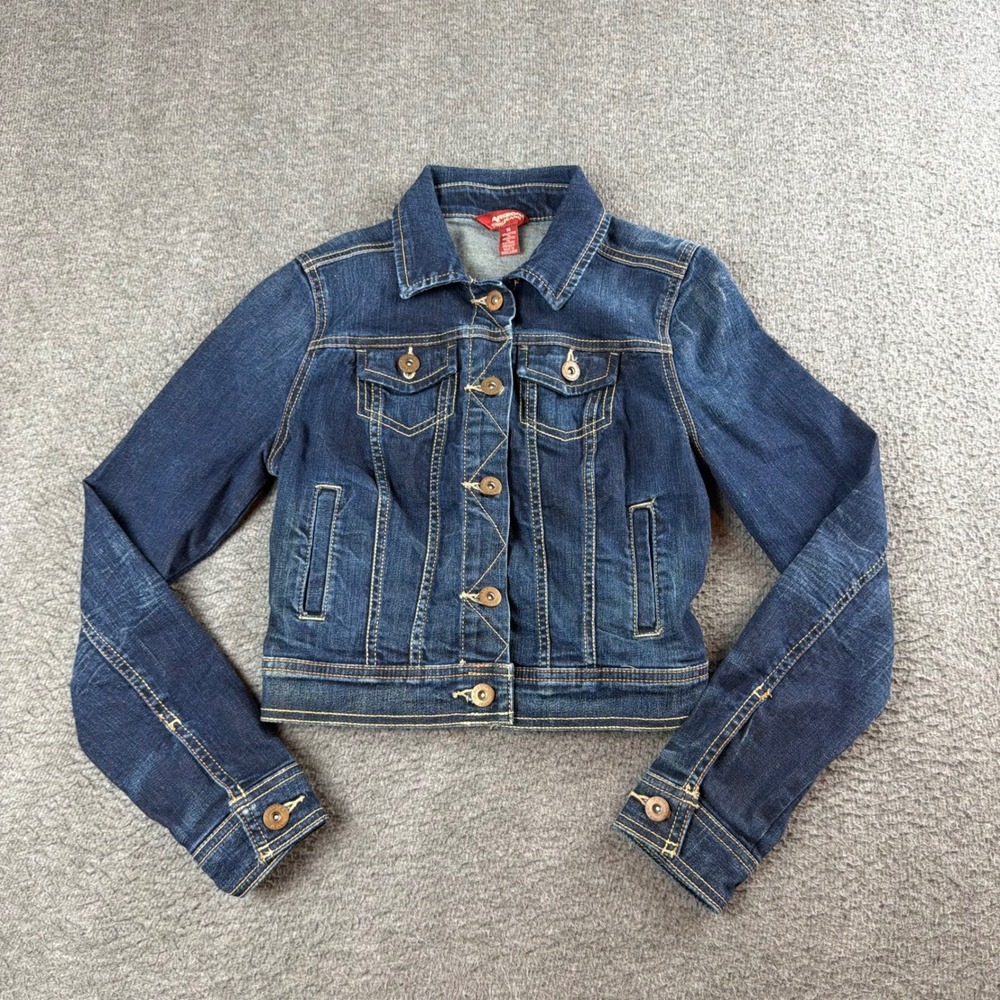 Arizona Jean Co Denim Jacket Juniors XS Dark Wash Stretch Cropped Trucker